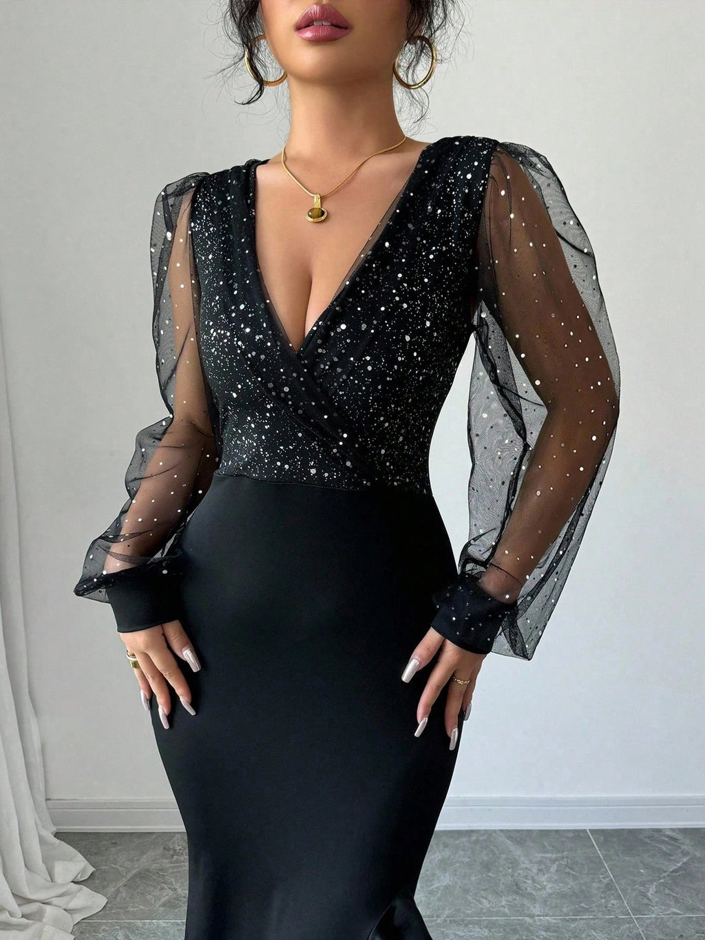 Black Sequin Mermaid Evening Gown – V-Neck Puff Sleeve Sheer Mesh Ruffle Slit Dress