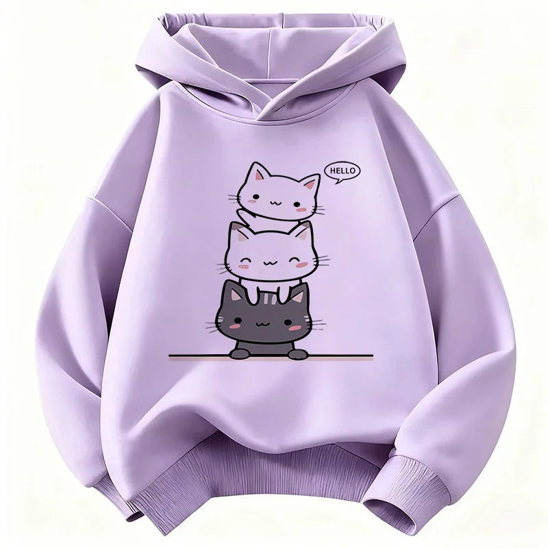 Kids Hello Kawaii Cat & Flower Hoodie – Cute Graphic Sweatshirt for Boys & Girls | Sizes 110–160