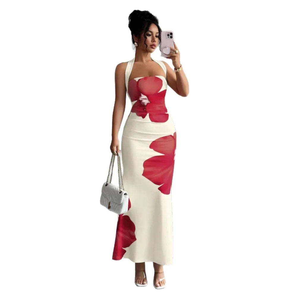Halter Neck Printed Bodycon Dress – Sexy French Style Wedding Guest Midi Dress
