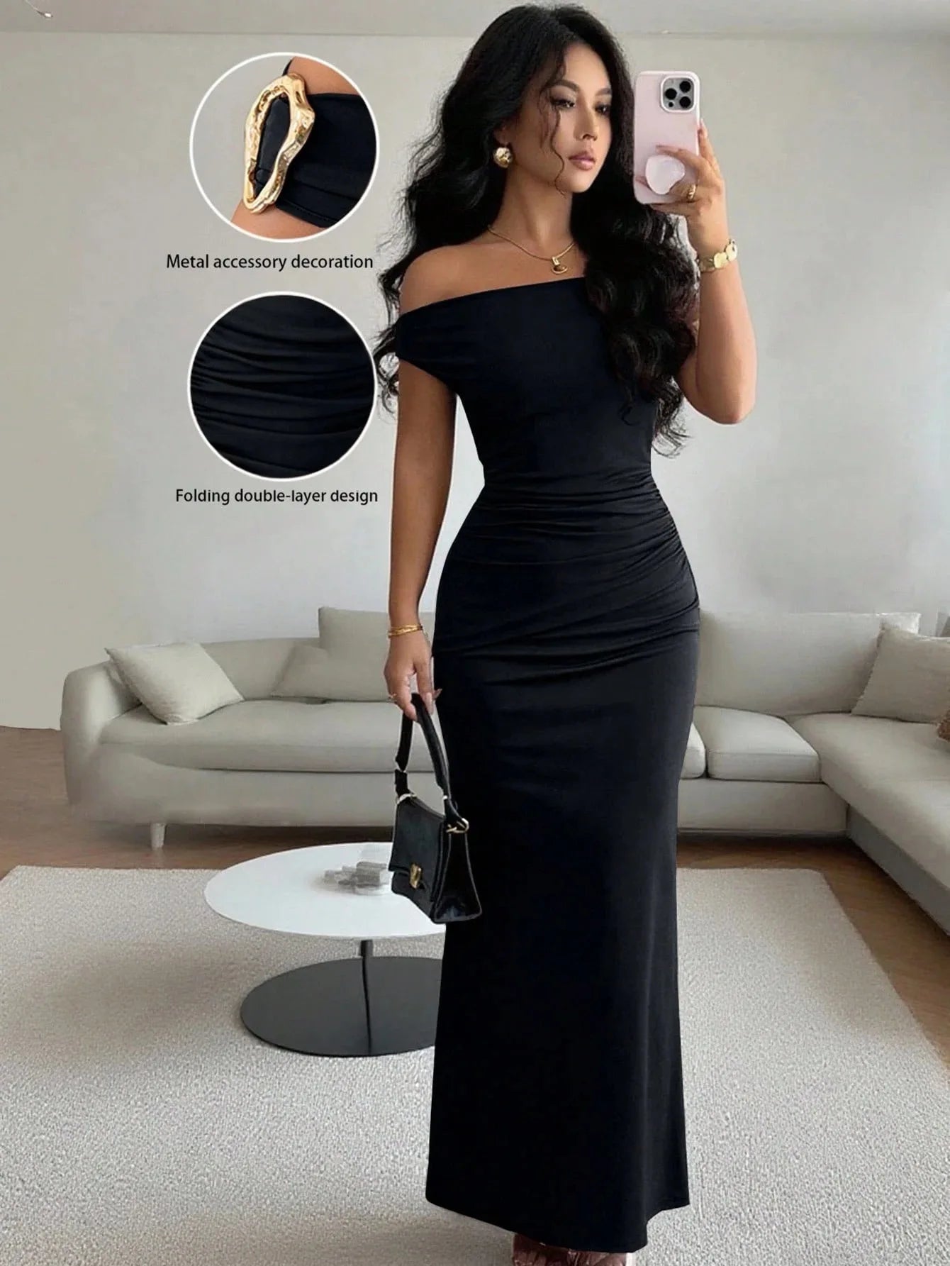 Off-Shoulder Boat Neck Evening Gown – Elegant Ankle-Length Dress for Women