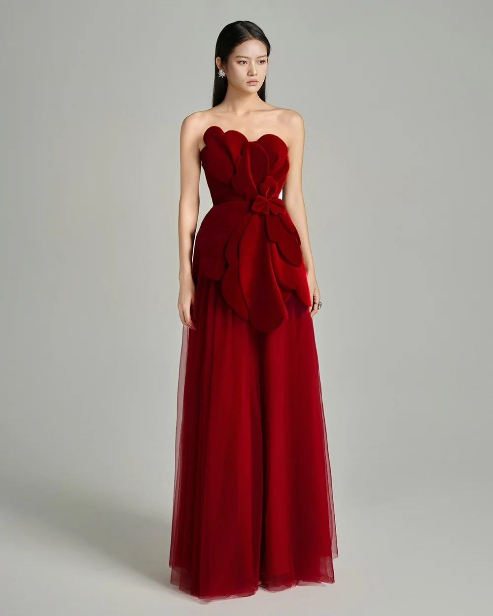 Velour A-Line Strapless Evening Dress – Handmade Flower Pleat Floor-Length Gown