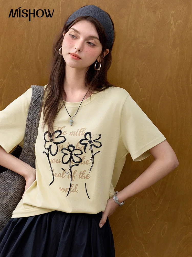 Women's Embroidered Flower Short Sleeve Top | Casual Loose Slimming Round Neck Tee