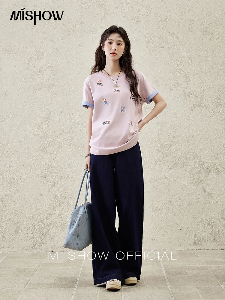 Women's Embroidered Casual Short Sleeve Top | Fashion Round Neck Cotton Tee