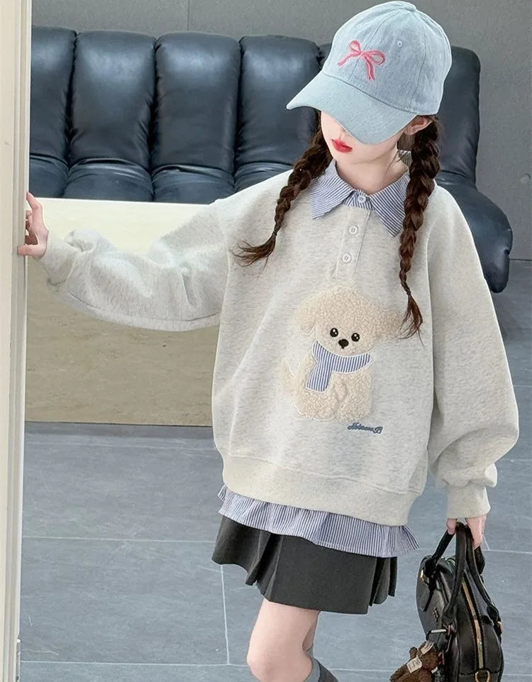 Girls Faux Two-Piece Polo Hoodie – Cartoon Puppy Sweatshirt | Sizes 120–170cm