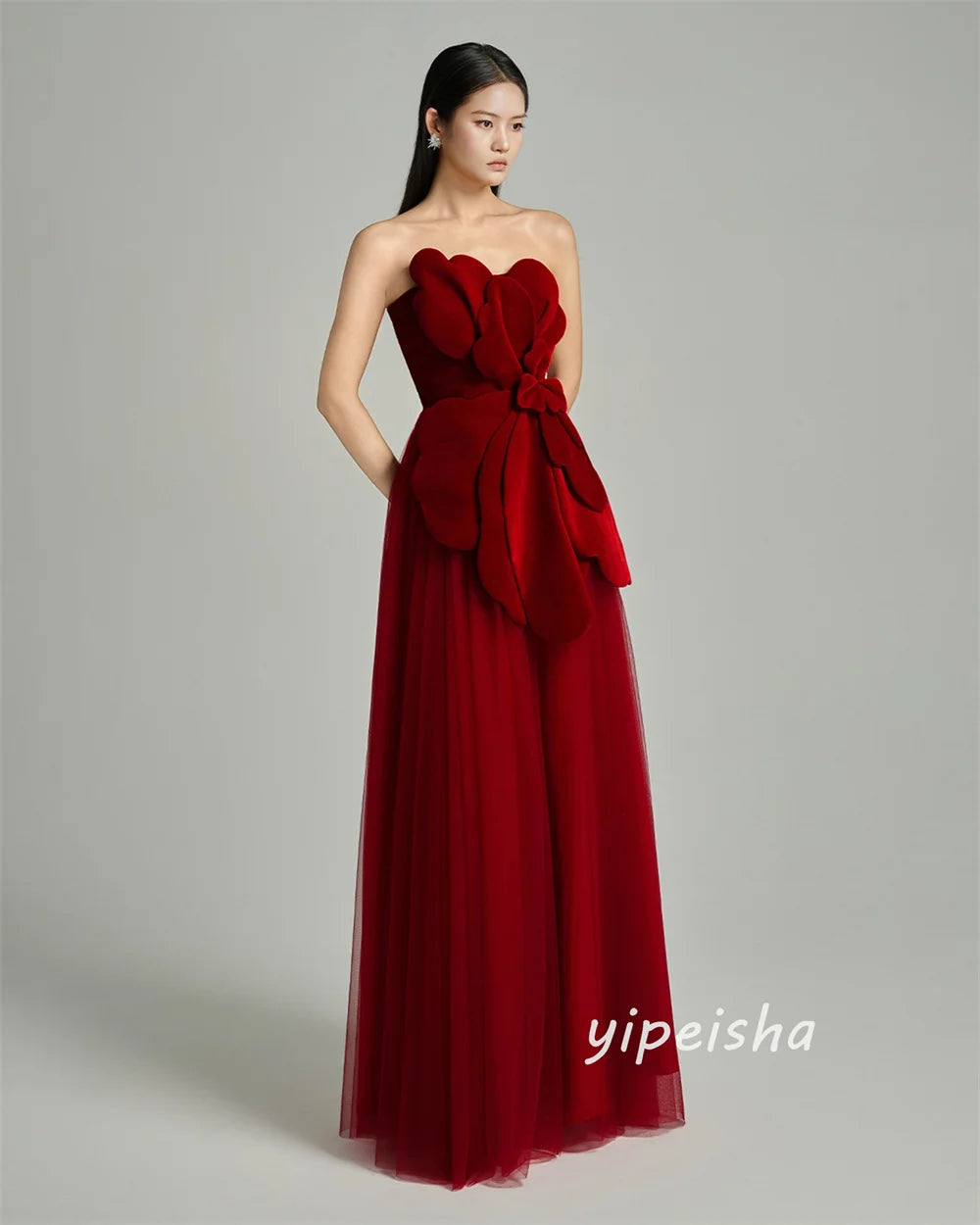 Velour A-Line Strapless Evening Dress – Handmade Flower Pleat Floor-Length Gown