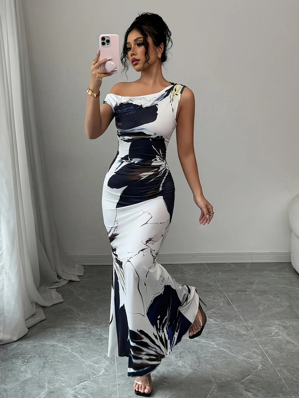Floral Print Asymmetrical Neck Fishtail Dress – Elegant Women's Gown