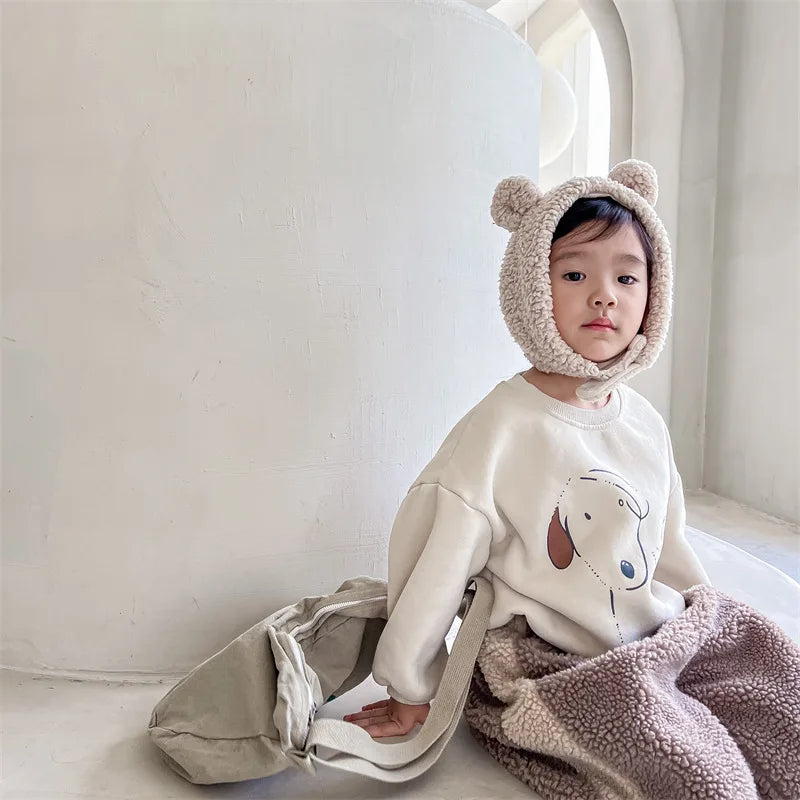 Kids Fleece-Lined Dog Print Sweatshirt – Warm Cotton Pullover for Boys & Girls | Ages 1–6