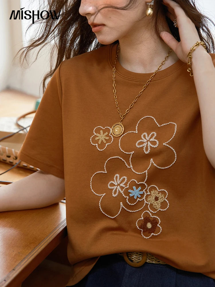 Women's Floral Print Drop-Shoulder Short Sleeve Top | Casual Versatile O-Neck Tee