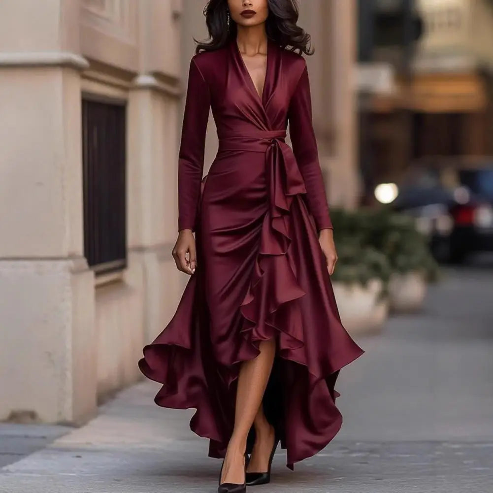 Satin V-Neck Ruffle Long Sleeve Wrap Dress – Formal Cocktail & Wedding Guest Dress