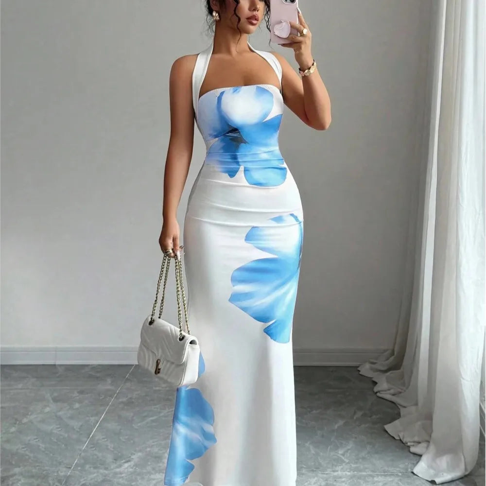 Halter Neck Printed Bodycon Dress – Sexy French Style Wedding Guest Midi Dress