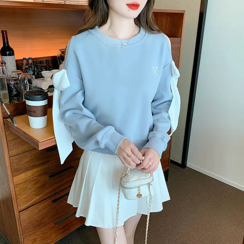 Women's Off-Shoulder Pullover Sweatshirt – Korean Harajuku Style | Pink & Blue