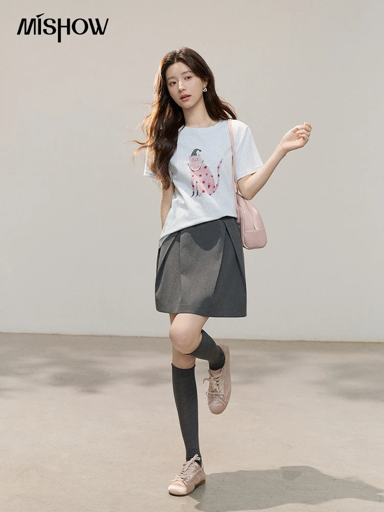 Women's Cartoon Cat Print Cotton T-Shirt | Casual Loose Soft Crew Neck Short Sleeve Tee