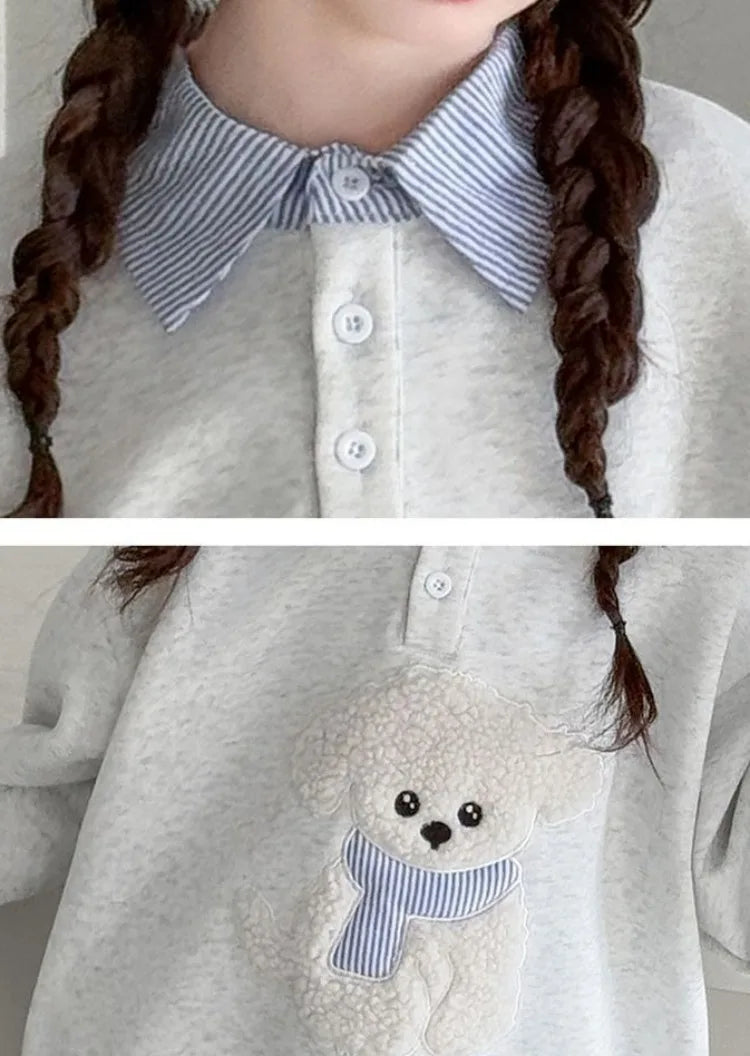 Girls Faux Two-Piece Polo Hoodie – Cartoon Puppy Sweatshirt | Sizes 120–170cm