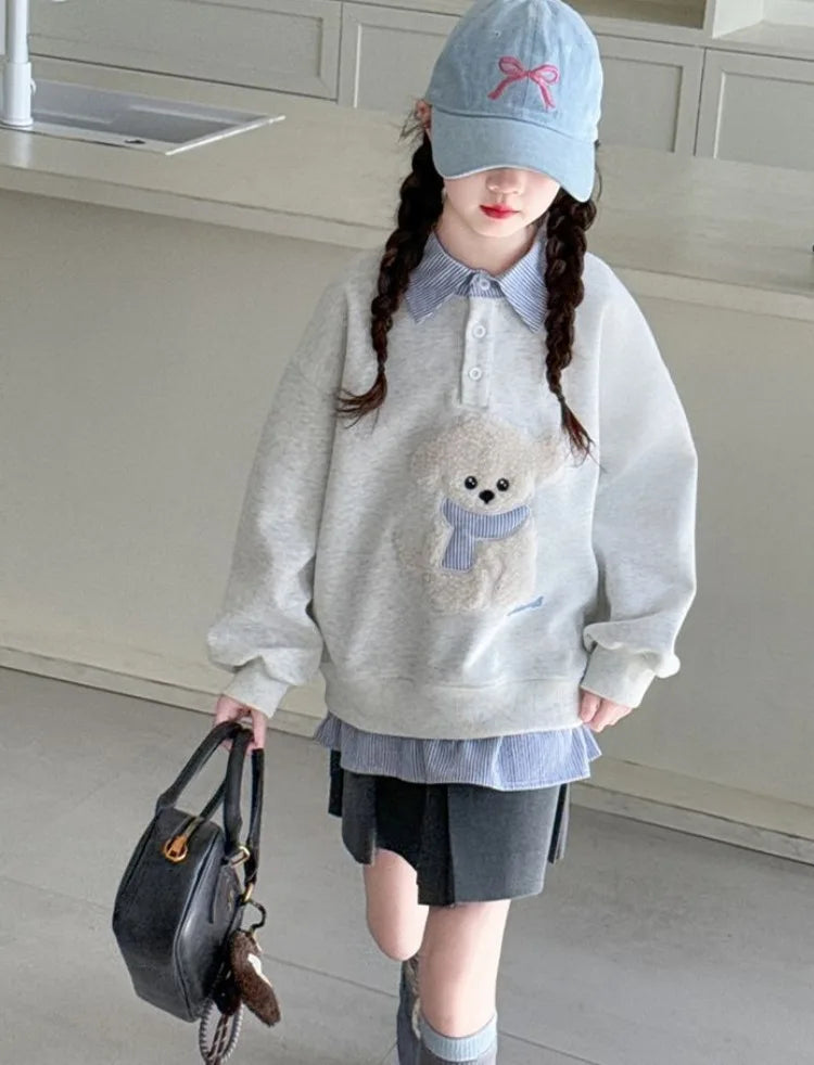 Girls Faux Two-Piece Polo Hoodie – Cartoon Puppy Sweatshirt | Sizes 120–170cm