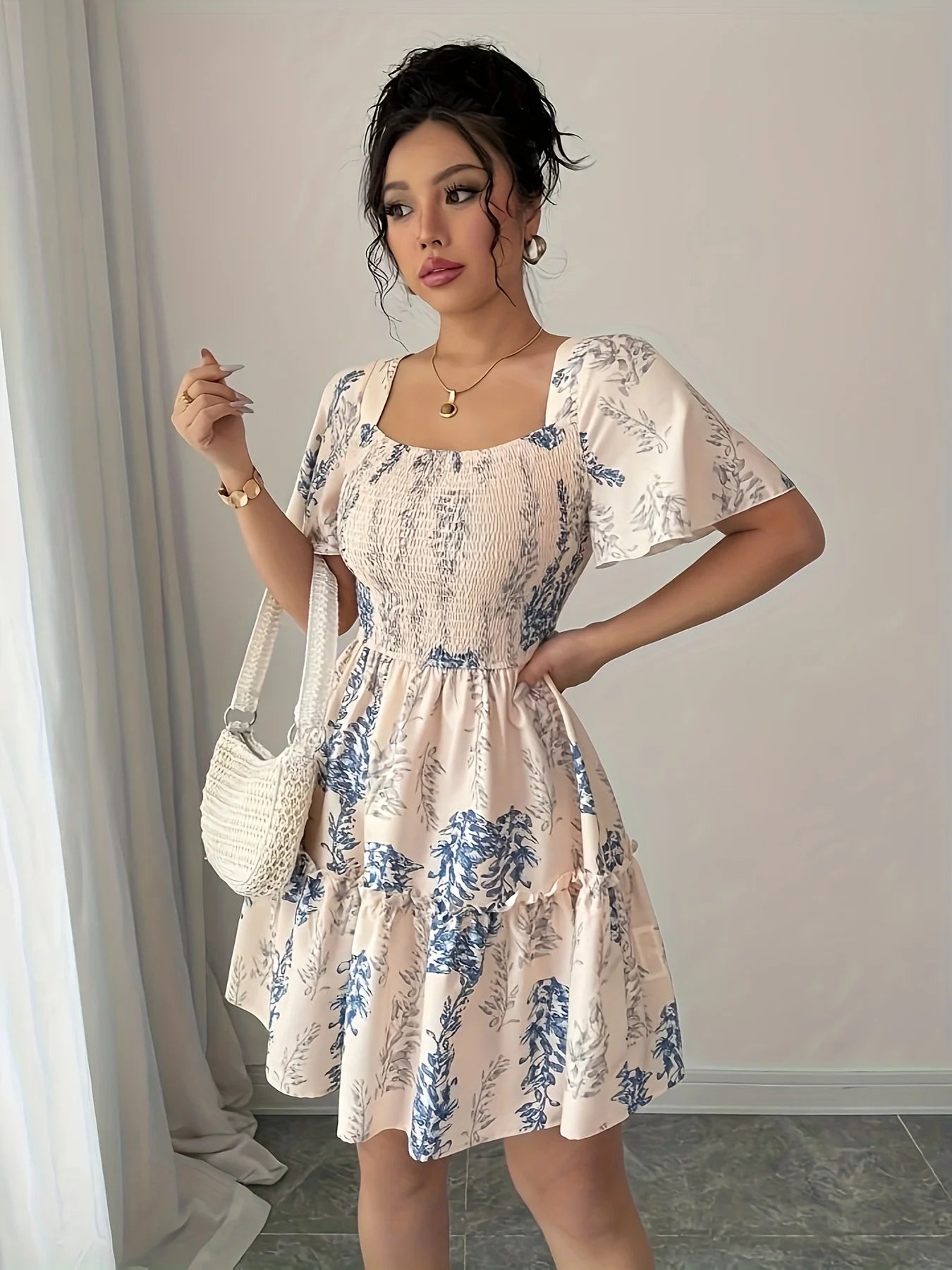 Elegant Lady Square Collar Short Sleeve Maxi Skirt Summer Holiday Date Mini Dress Women's Fashion Casual Dresses