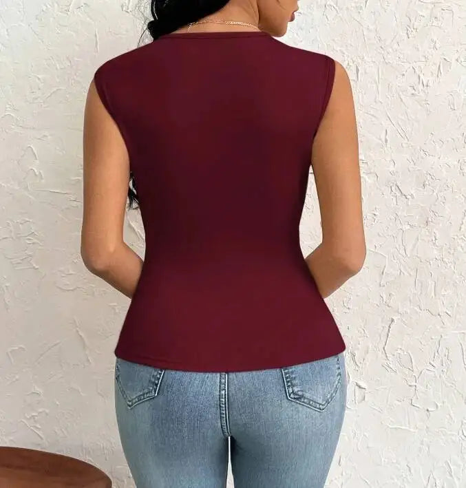 Burgundy Sleeveless Ruched Top | Asymmetric Hem One-Shoulder Women's Blouse
