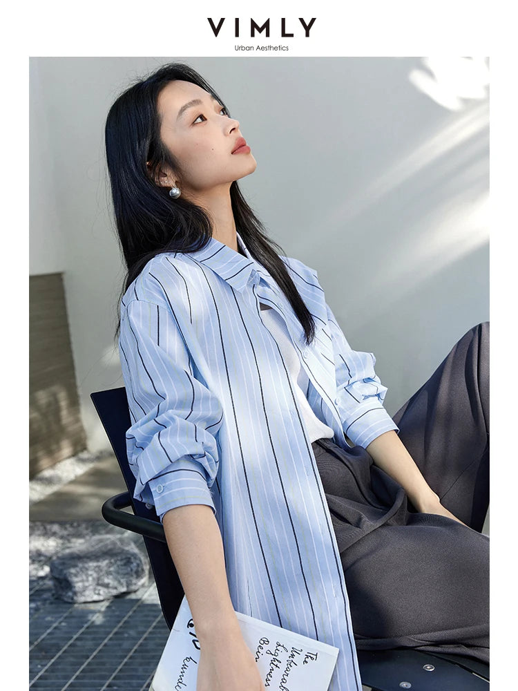 Women's 100% Cotton Striped Blouse | Loose Fit Drop-Shoulder Long Sleeve Top