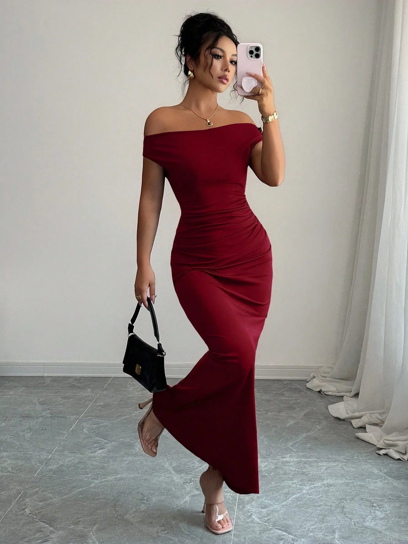 Off-Shoulder Boat Neck Evening Gown – Elegant Ankle-Length Dress for Women