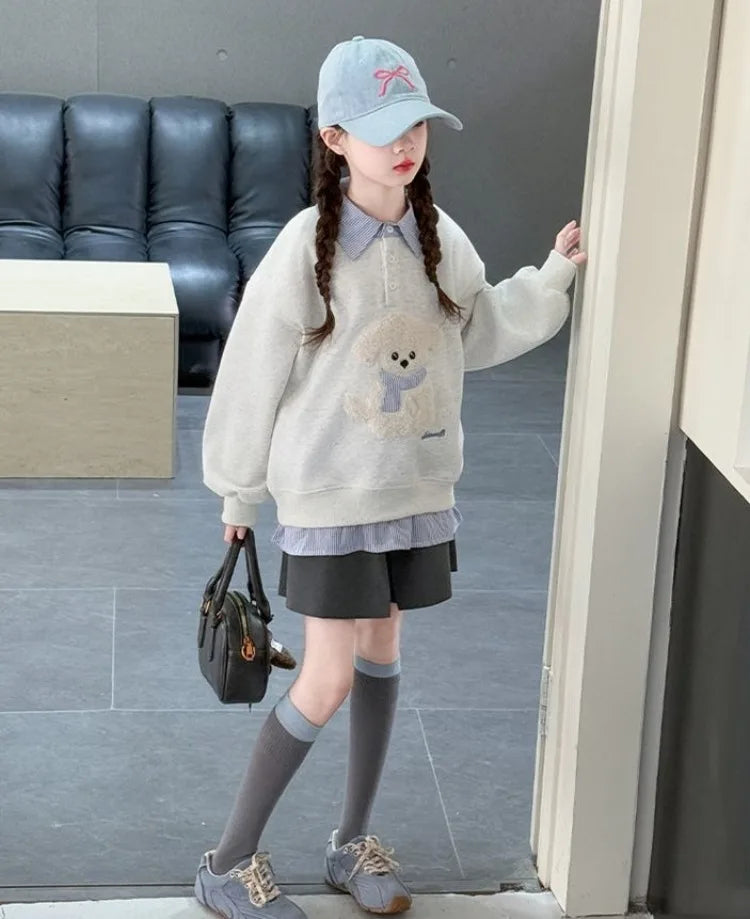 Girls Faux Two-Piece Polo Hoodie – Cartoon Puppy Sweatshirt | Sizes 120–170cm