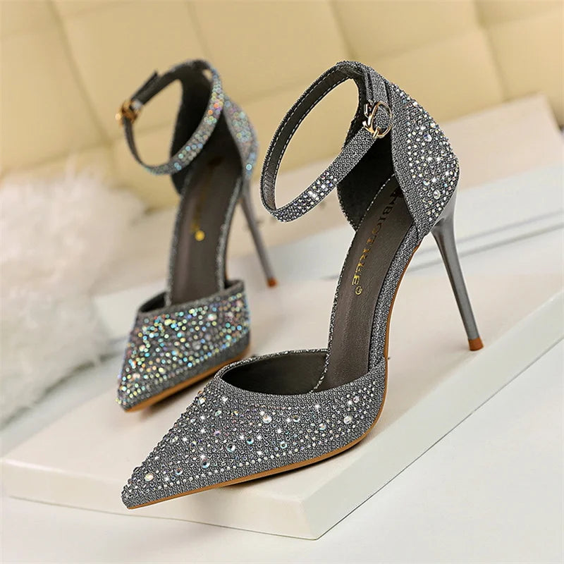 Women's Crystal Rhinestone Stiletto Sandals – Champagne Gold Wedding Heels
