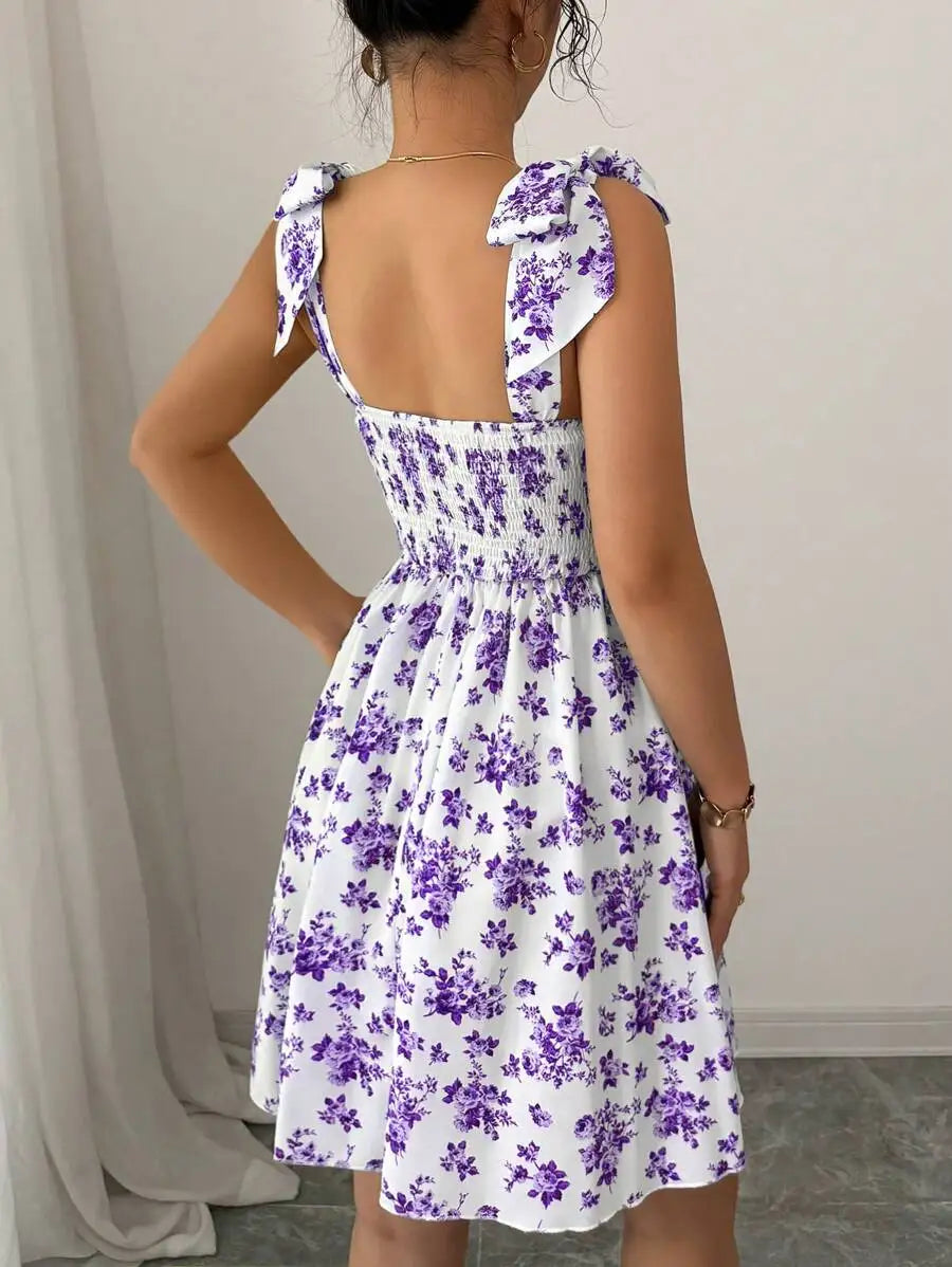 Ditsy Floral A-Line Dress – Shoulder Tie Bow Waisted Mini Summer Dress
