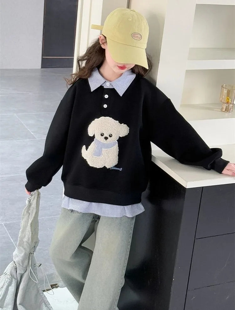 Girls Faux Two-Piece Polo Hoodie – Cartoon Puppy Sweatshirt | Sizes 120–170cm