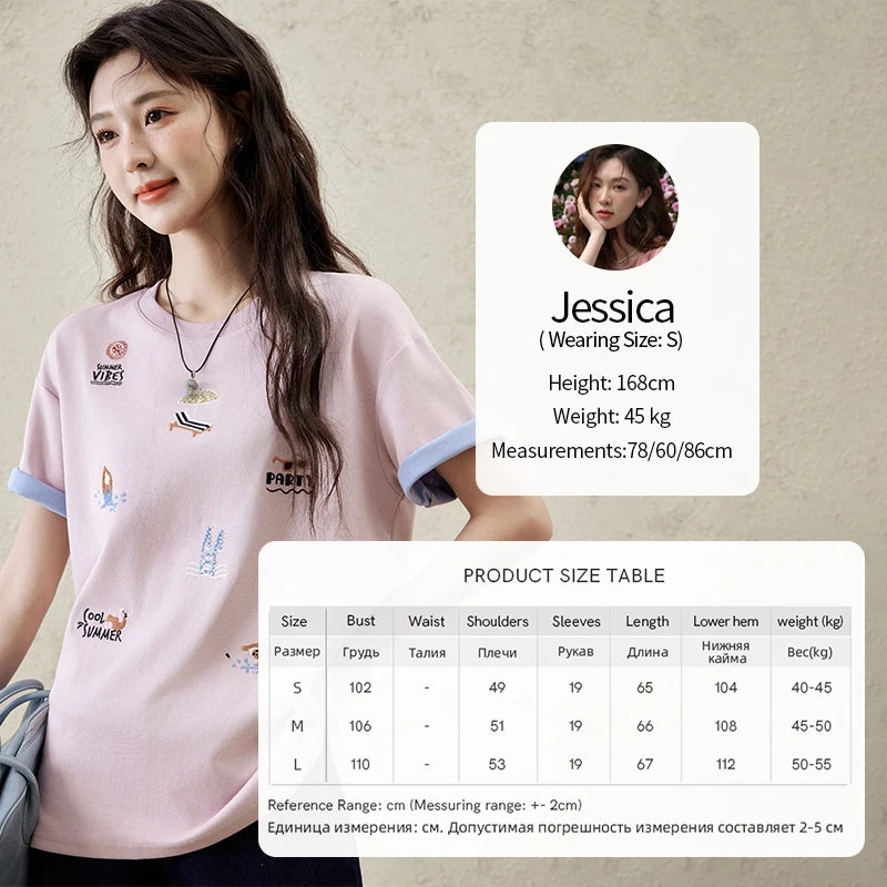 Women's Embroidered Casual Short Sleeve Top | Fashion Round Neck Cotton Tee