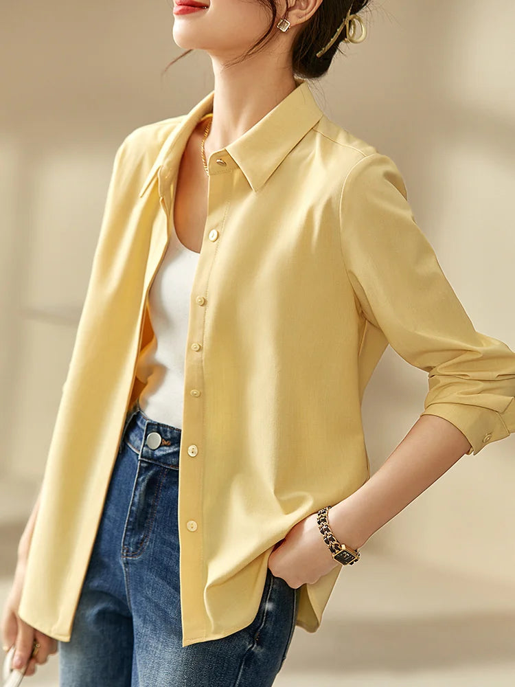 Women's Solid Long-Sleeve Office Blouse | Turn-Down Collar Regular Fit Shirt