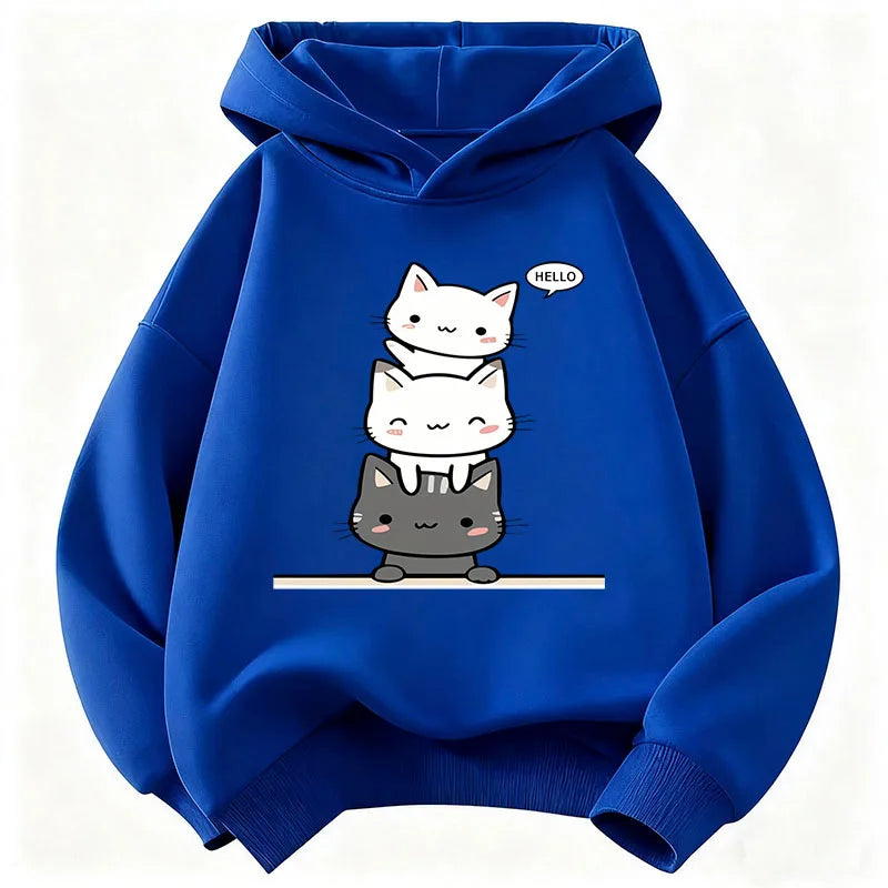 Kids Hello Kawaii Cat & Flower Hoodie – Cute Graphic Sweatshirt for Boys & Girls | Sizes 110–160