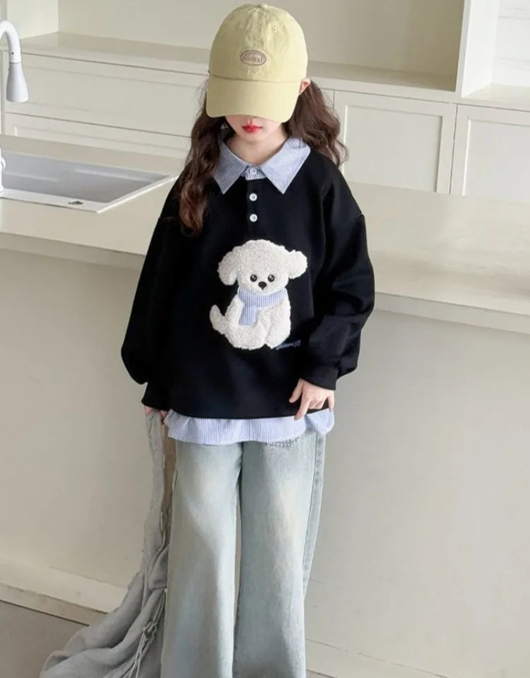 Girls Faux Two-Piece Polo Hoodie – Cartoon Puppy Sweatshirt | Sizes 120–170cm