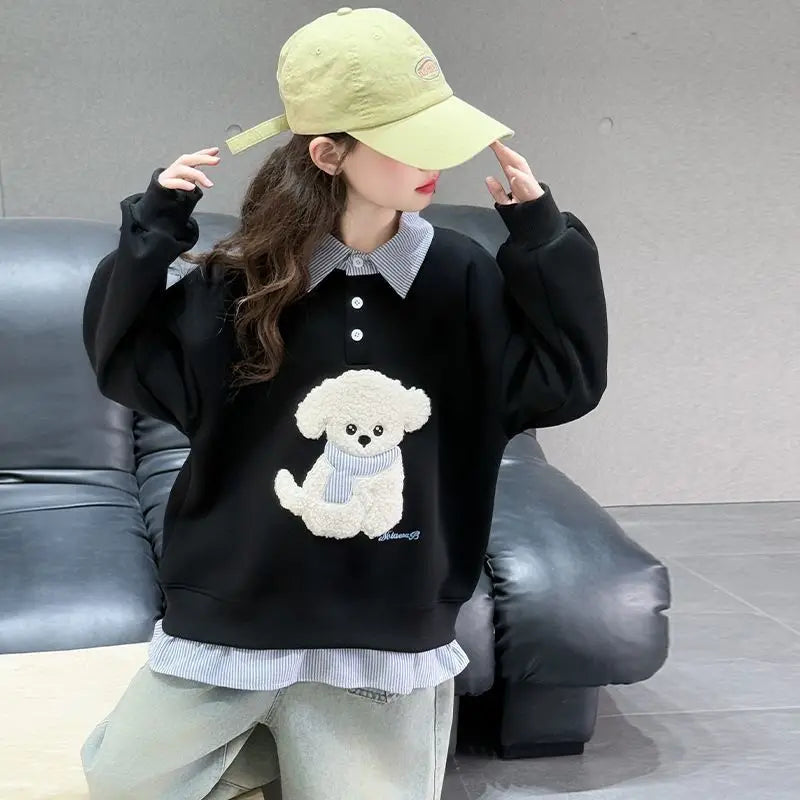 Girls Faux Two-Piece Polo Hoodie – Cartoon Puppy Sweatshirt | Sizes 120–170cm