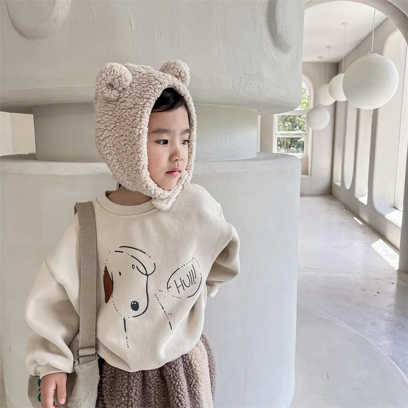 Kids Fleece-Lined Dog Print Sweatshirt – Warm Cotton Pullover for Boys & Girls | Ages 1–6