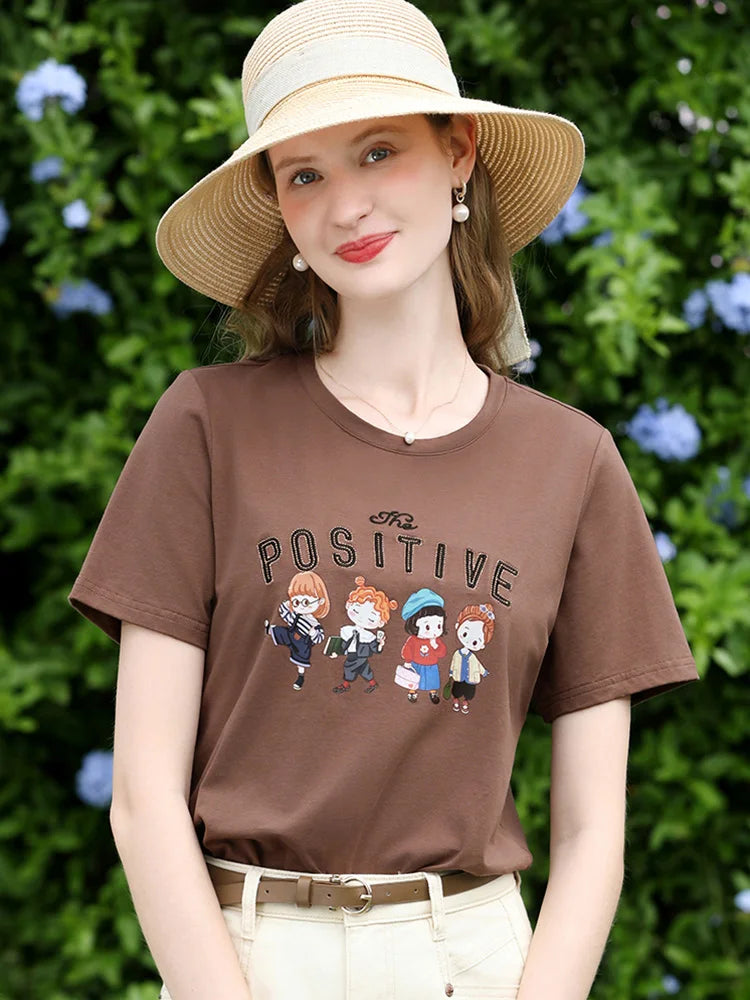 Women's Letter Embroidery Cotton T-Shirt | Casual Cool Short Sleeve Cartoon Print Top