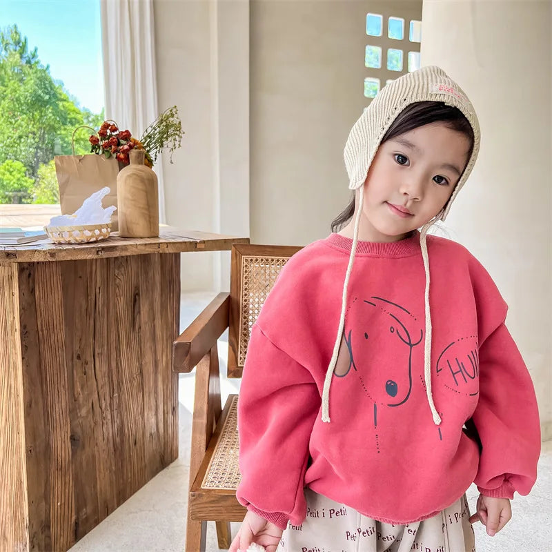 Kids Fleece-Lined Dog Print Sweatshirt – Warm Cotton Pullover for Boys & Girls | Ages 1–6