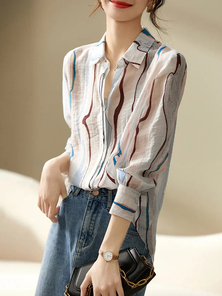 Women's Sheer Printed Chiffon Blouse | Long Sleeve Office Lady Top