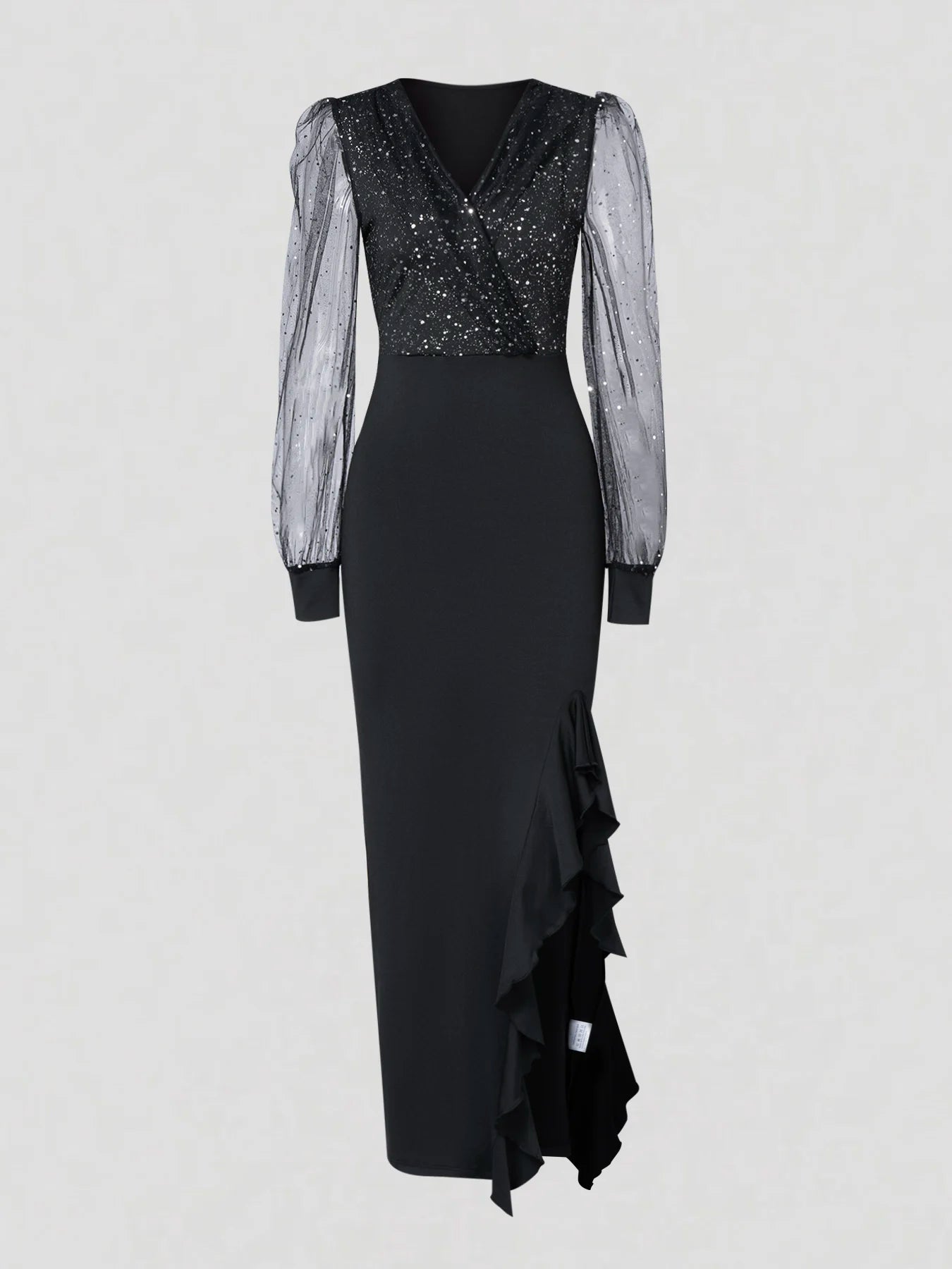 Black Sequin Mermaid Evening Gown – V-Neck Puff Sleeve Sheer Mesh Ruffle Slit Dress