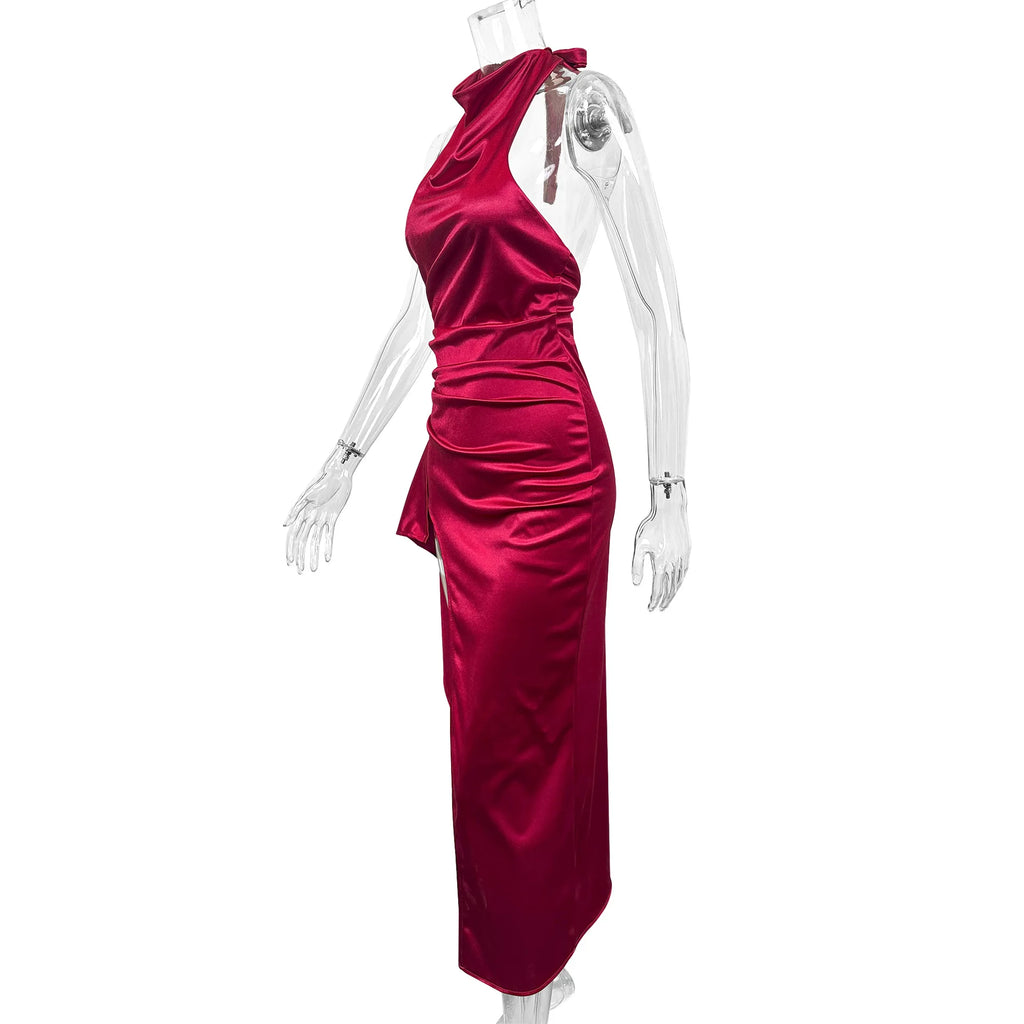 Ruched Backless Bodycon Maxi Dress – Round Neck Sexy Split Long Dress