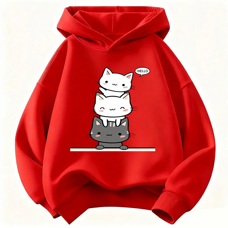 Kids Hello Kawaii Cat & Flower Hoodie – Cute Graphic Sweatshirt for Boys & Girls | Sizes 110–160