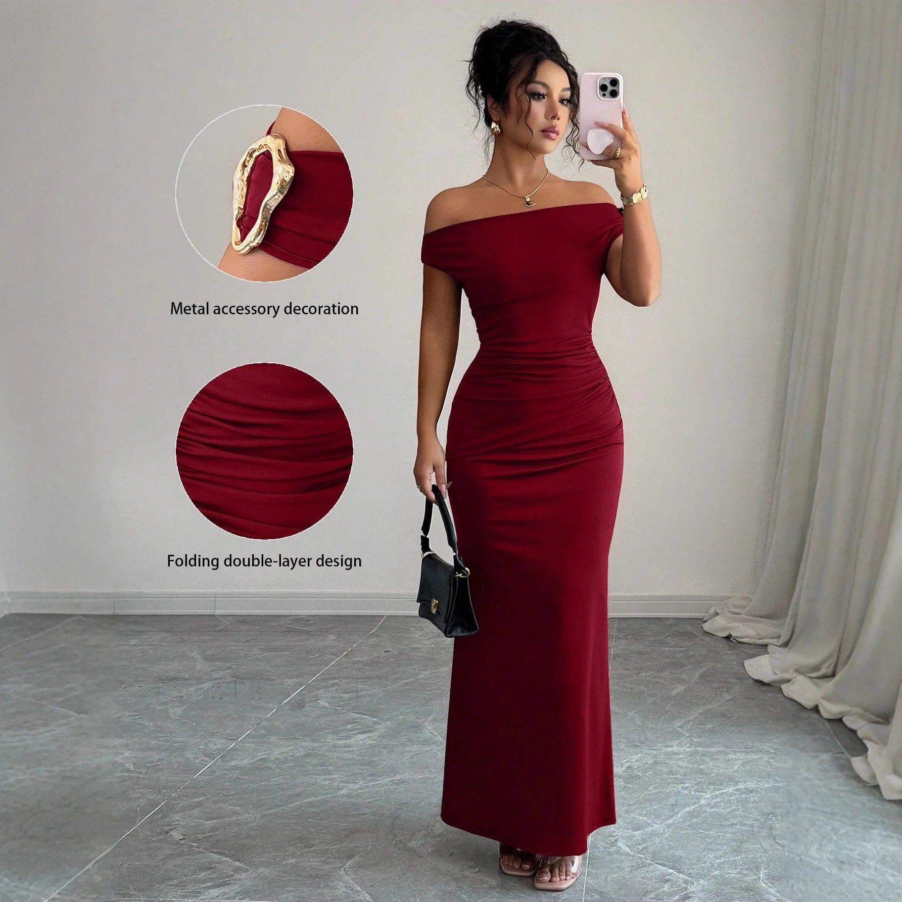 Off-Shoulder Boat Neck Evening Gown – Elegant Ankle-Length Dress for Women