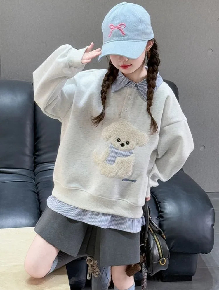 Girls Faux Two-Piece Polo Hoodie – Cartoon Puppy Sweatshirt | Sizes 120–170cm