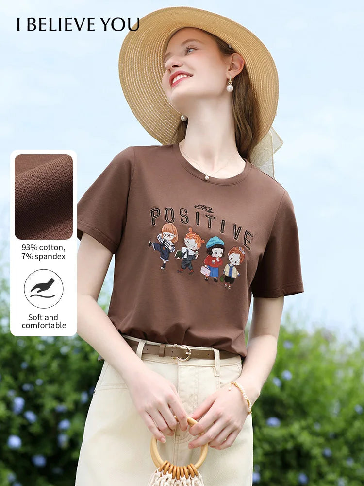 Women's Letter Embroidery Cotton T-Shirt | Casual Cool Short Sleeve Cartoon Print Top