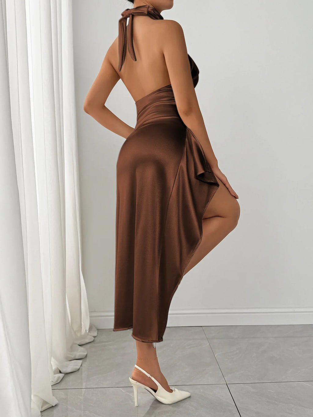 Ruched Backless Bodycon Maxi Dress – Round Neck Sexy Split Long Dress
