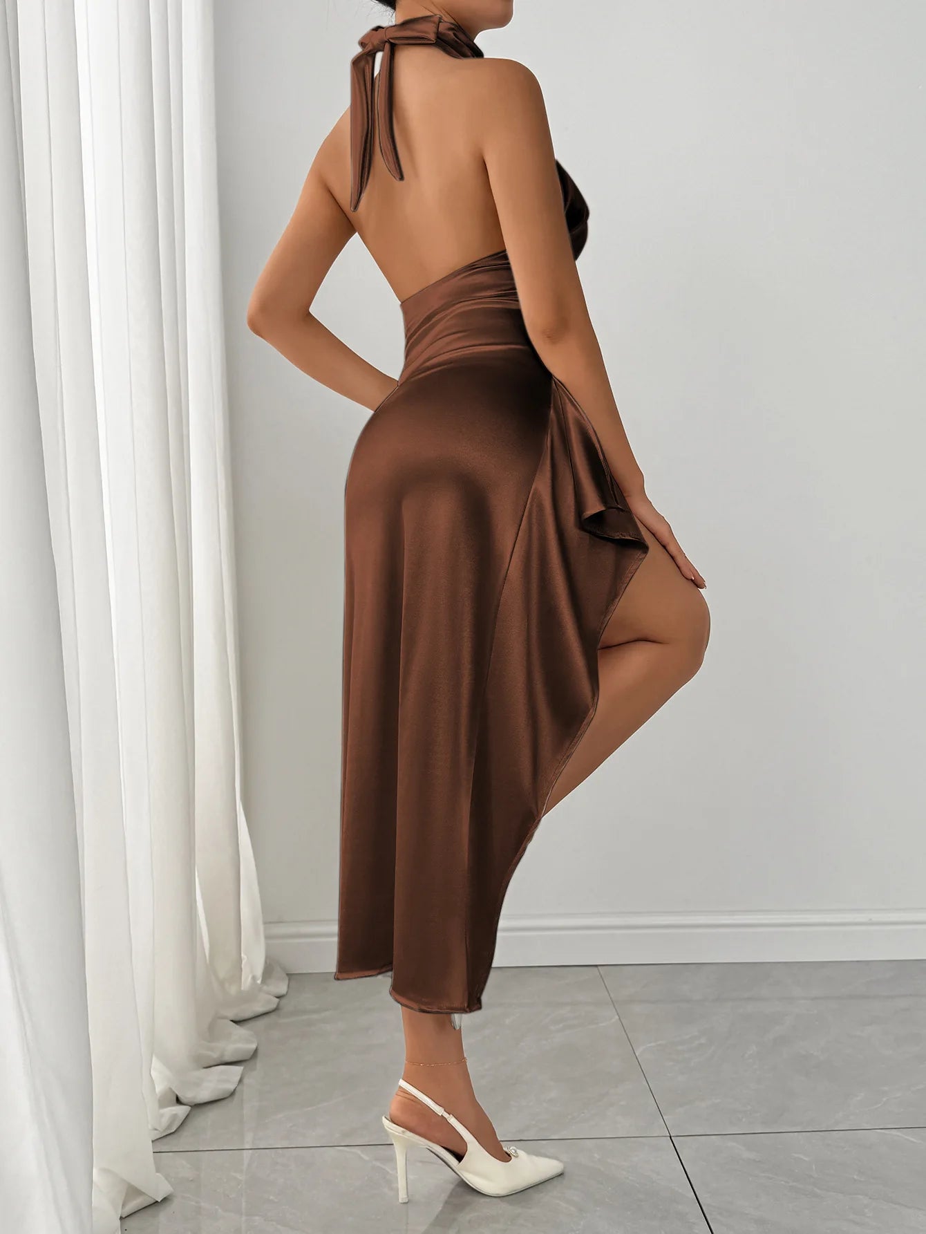 Ruched Backless Bodycon Maxi Dress – Round Neck Sexy Split Long Dress