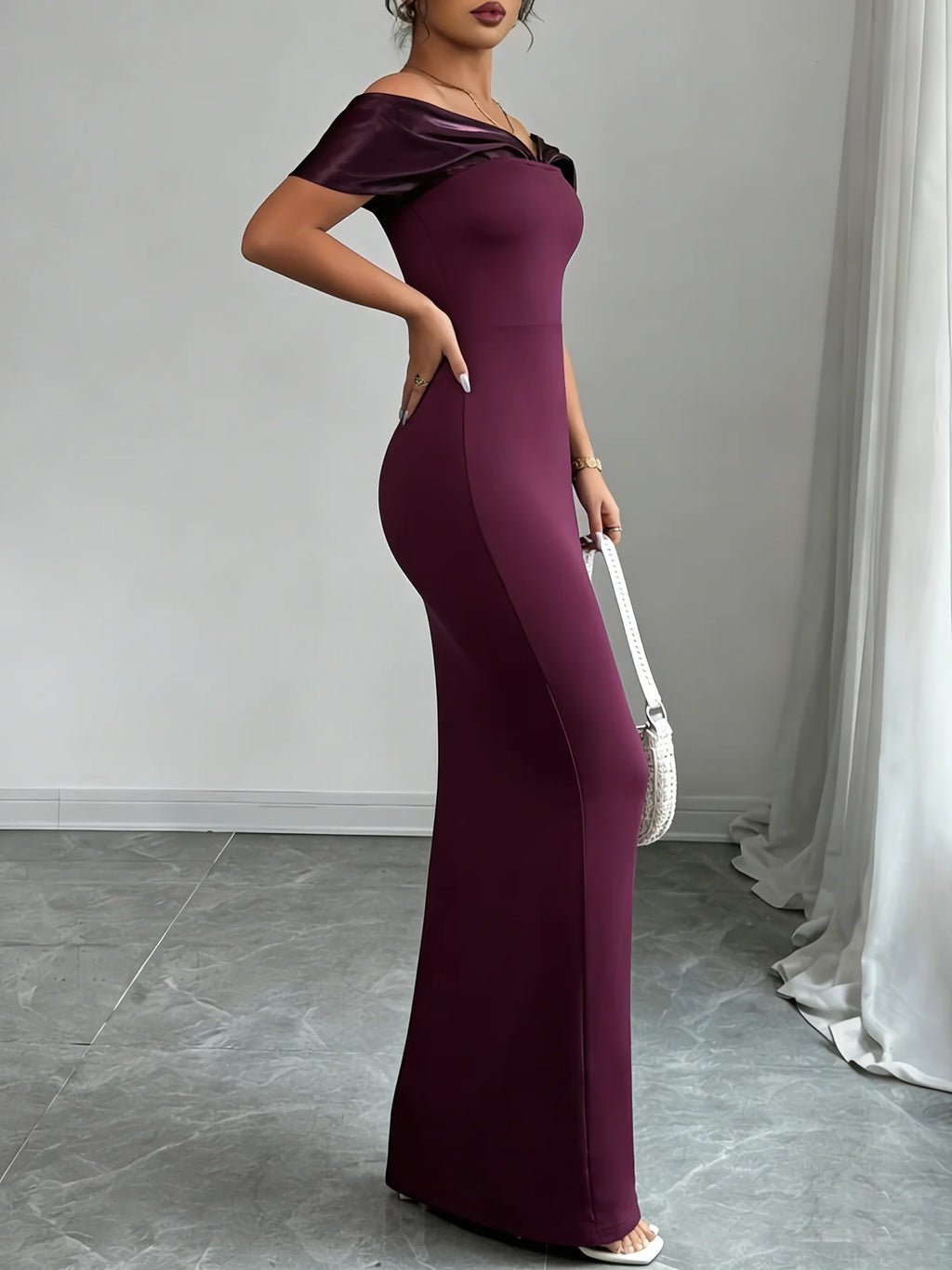 Off-Shoulder Cap Sleeve Plum Satin-Trim Bodycon Maxi Dress – Elegant Party Dress