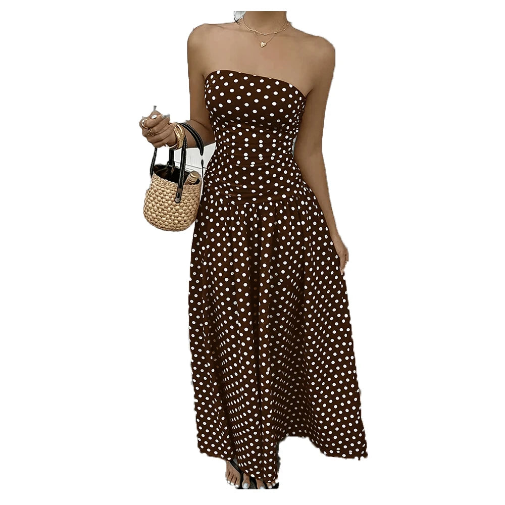 Polka Dot Print Waist-Cinching Maxi Dress – Elegant Casual Sleeveless Vest Dress