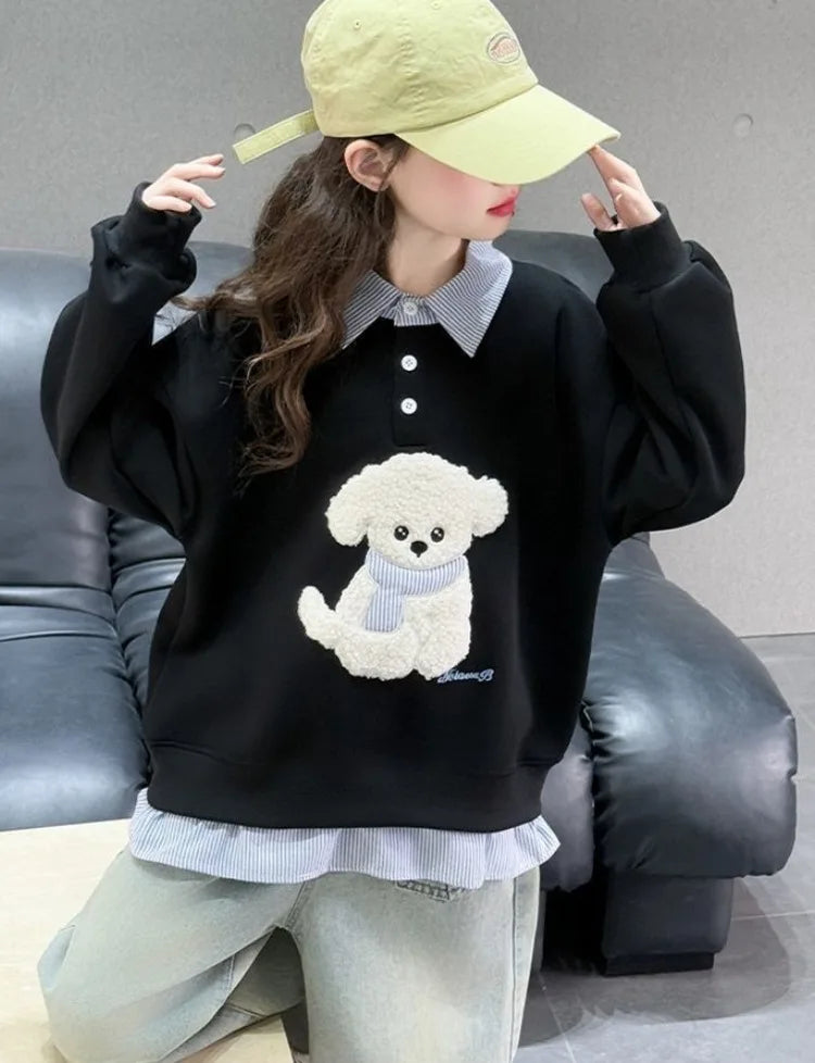 Girls Faux Two-Piece Polo Hoodie – Cartoon Puppy Sweatshirt | Sizes 120–170cm