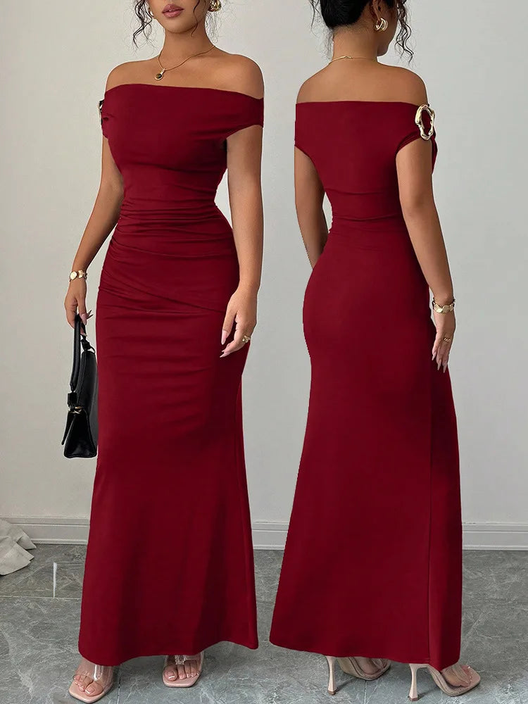 Off-Shoulder Boat Neck Evening Gown – Elegant Ankle-Length Dress for Women