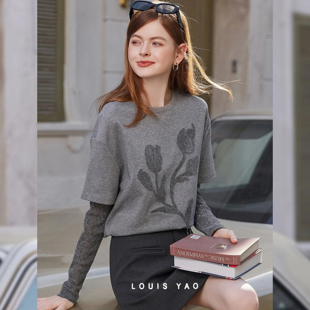 Women's Bouquet Print Layered-Look Long Sleeve Top | British Style Crew Neck Pullover
