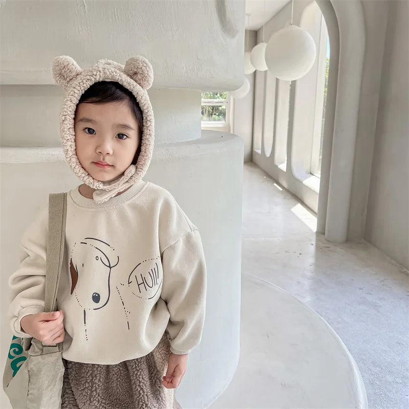 Kids Fleece-Lined Dog Print Sweatshirt – Warm Cotton Pullover for Boys & Girls | Ages 1–6
