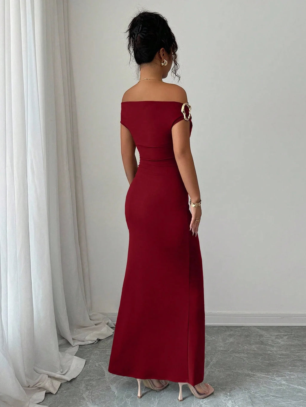 Off-Shoulder Boat Neck Evening Gown – Elegant Ankle-Length Dress for Women